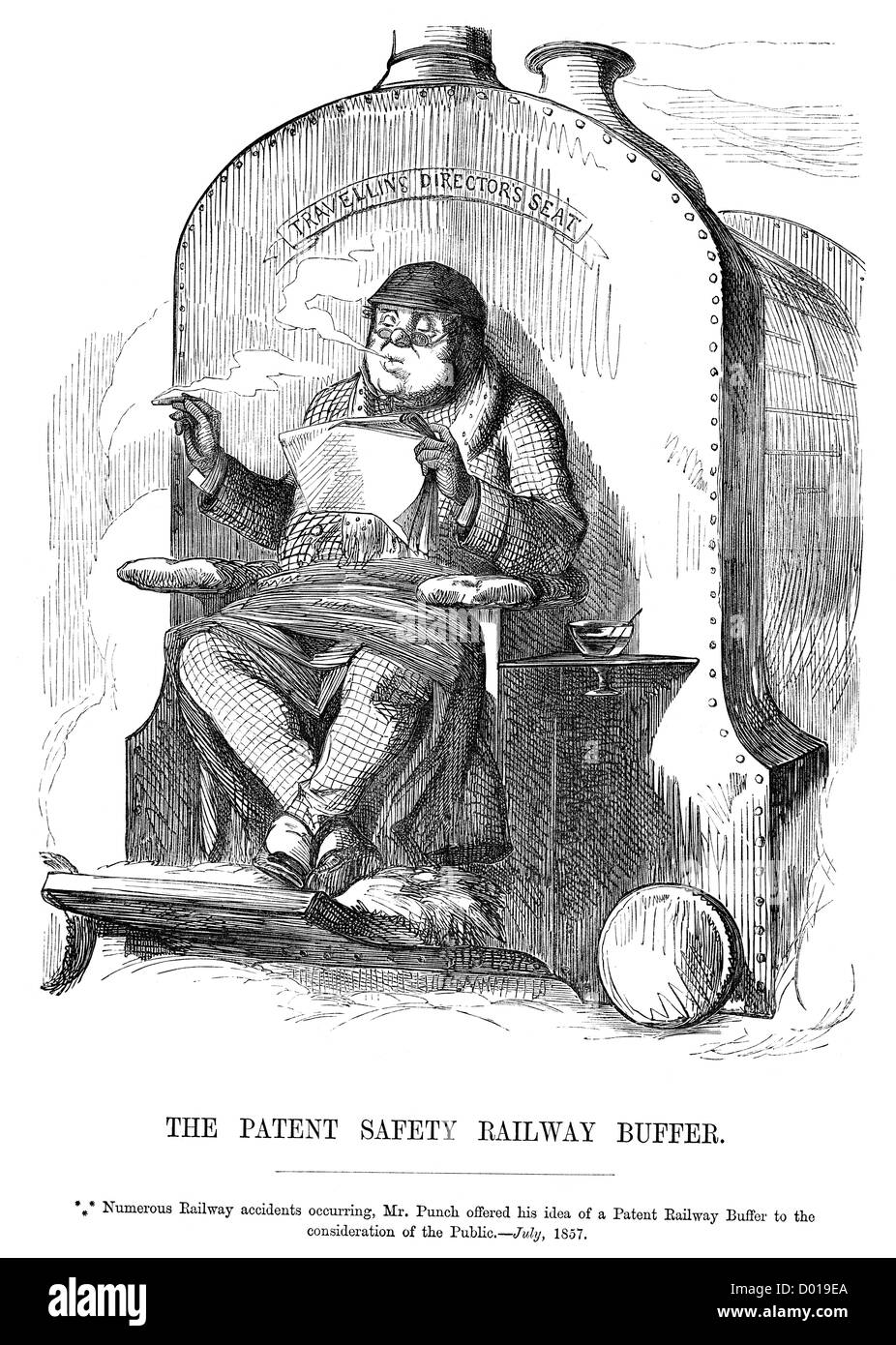Sicurezza di brevetto Buffer ferroviaria. La caricatura di per quanto riguarda la sicurezza delle ferrovie dopo numerosi incidenti, luglio 1857. Foto Stock