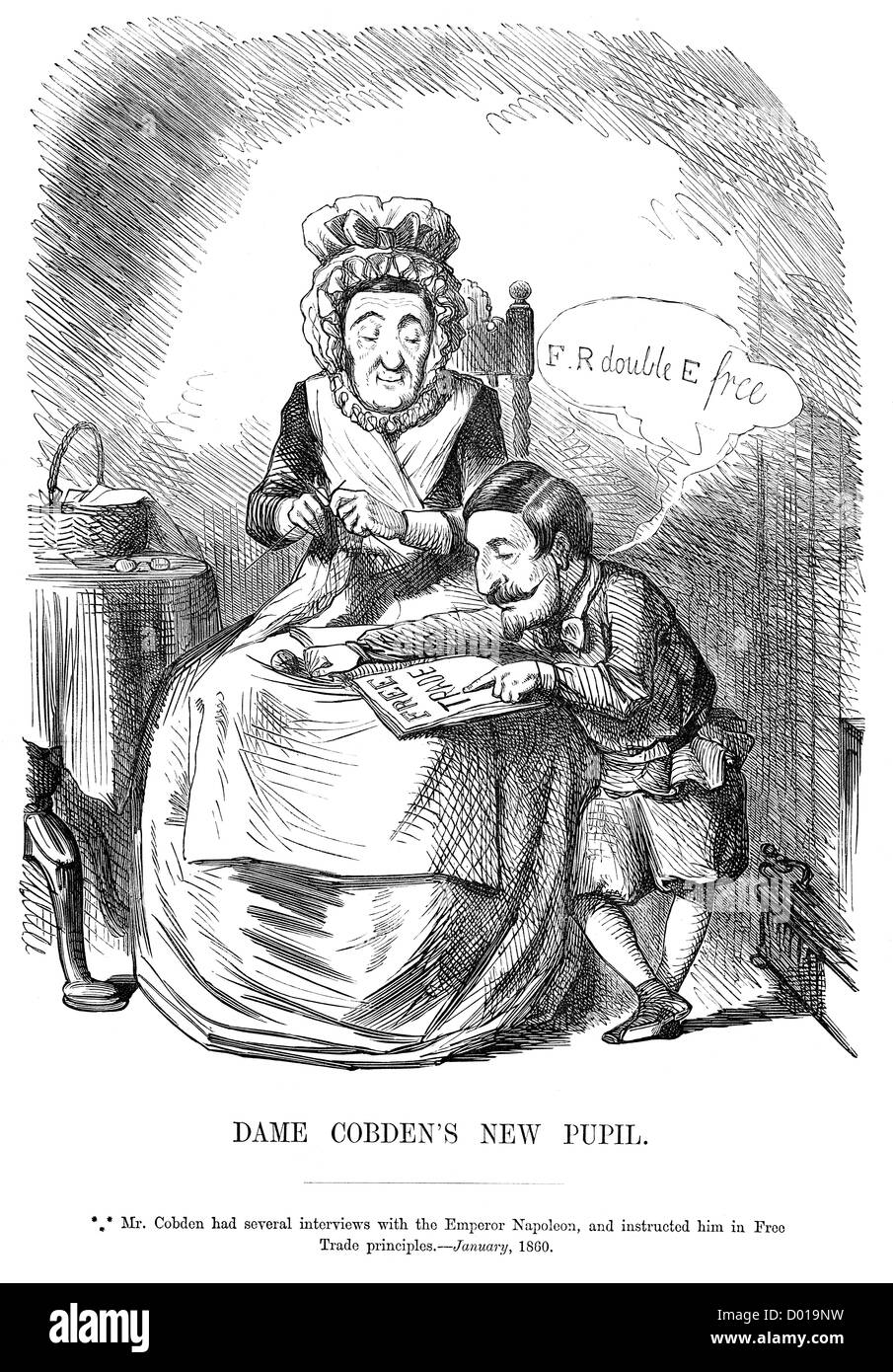 Dame Cobden è di nuovo pupillo. La caricatura dell'Imperatore Napoleone libera di apprendimento i principi del commercio in corrispondenza del ginocchio del signor Cobden Foto Stock
