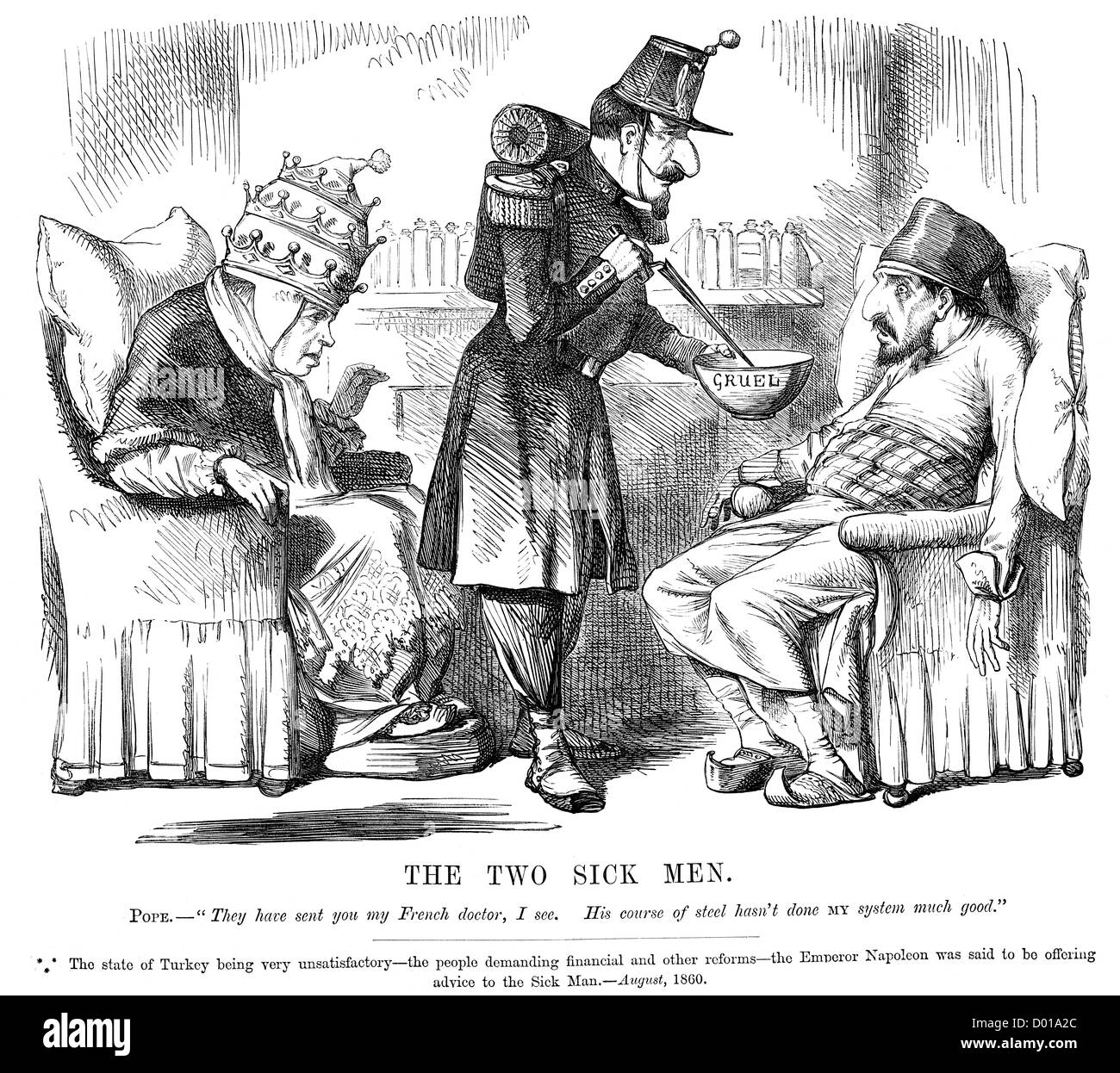 Due uomini malati d'Europa. Cartoon politico dell'Imperatore Napoleone aiutare il Papa e la Turchia, Agosto 1860 Foto Stock