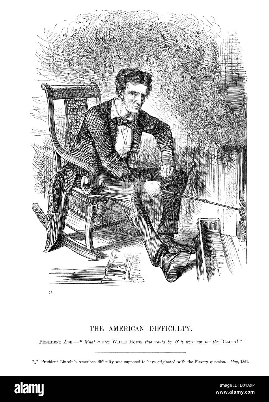 Cartoon politico del presidente Abraham Lincoln preoccupante oltre la questione della schiavitù e la Guerra Civile Americana Foto Stock