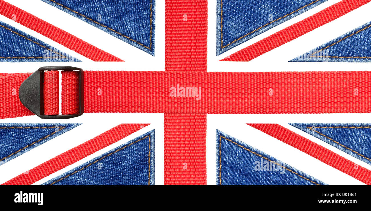 Gran Bretagna, Regno Unito bandiera fatta di nastro rosso e blu jeans. Foto Stock