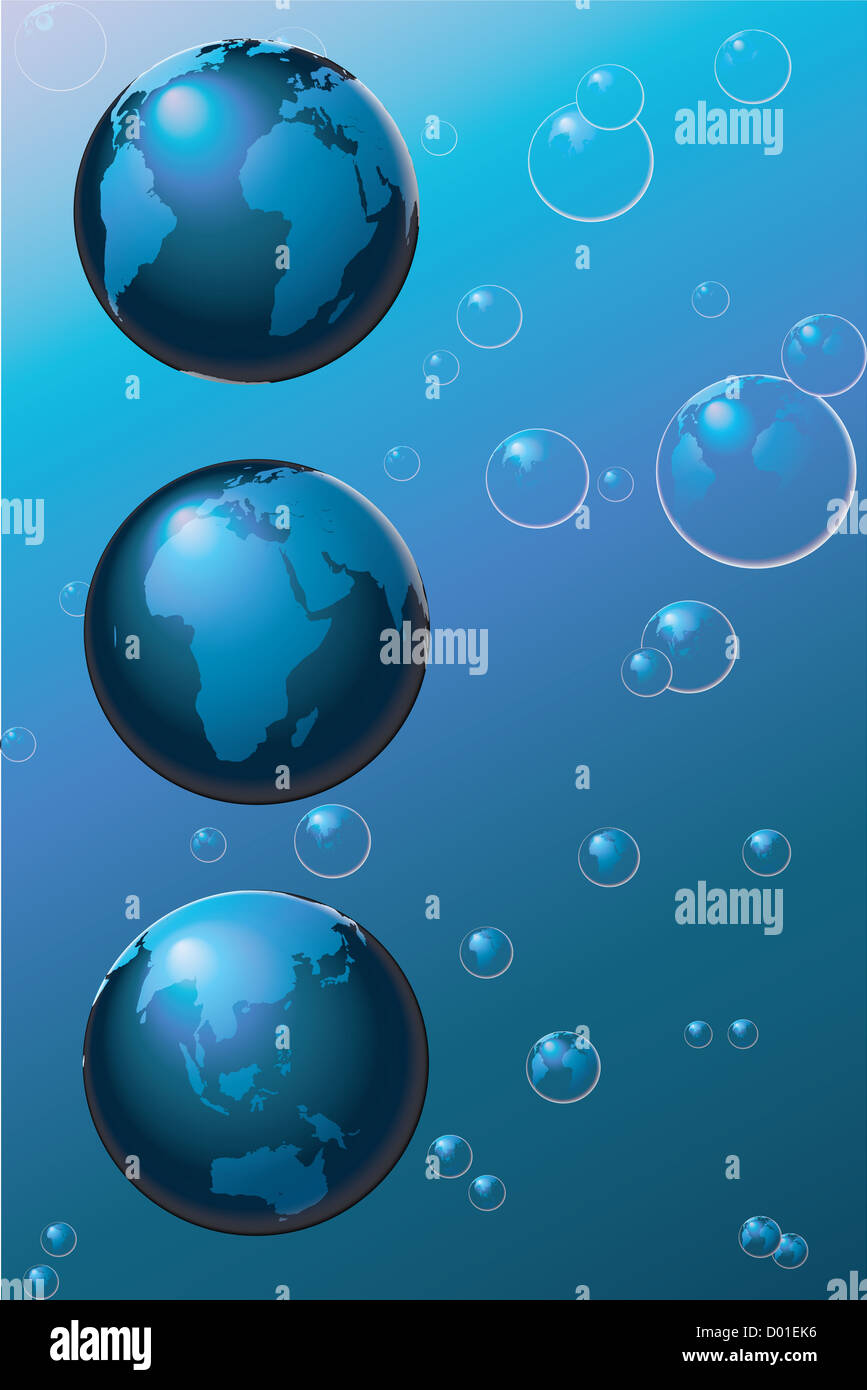 Mappa del mondo su sfere circondato da bolle su sfondo blu Foto Stock