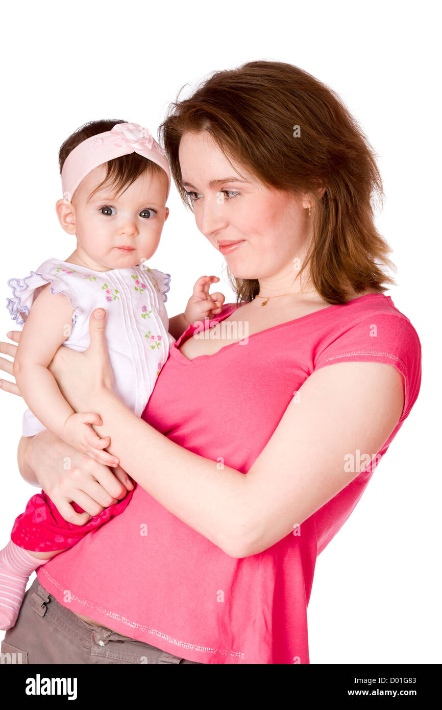 Azienda madre 8 mese Baby girl isolato su bianco Foto Stock