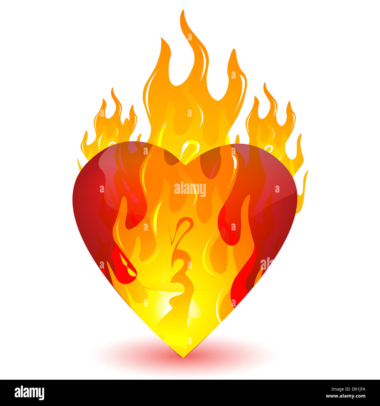 Illustrazione del cuore in fiamme su sfondo bianco Foto Stock