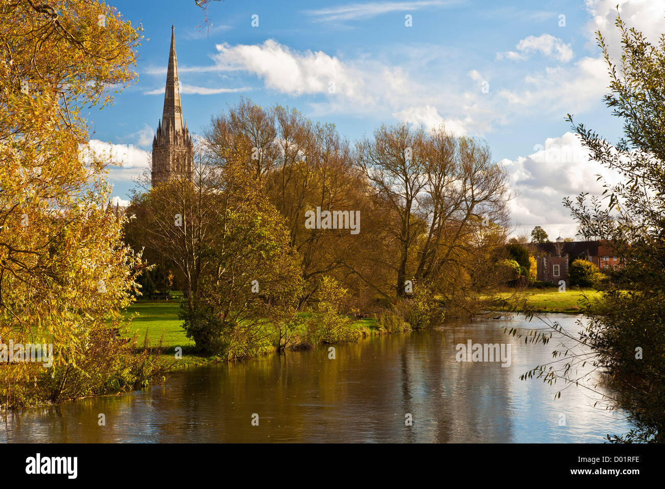 Un autunno vista del campanile della cattedrale medioevale di Salisbury, Wiltshire, Inghilterra, Regno Unito con il fiume Avon in primo piano. Foto Stock