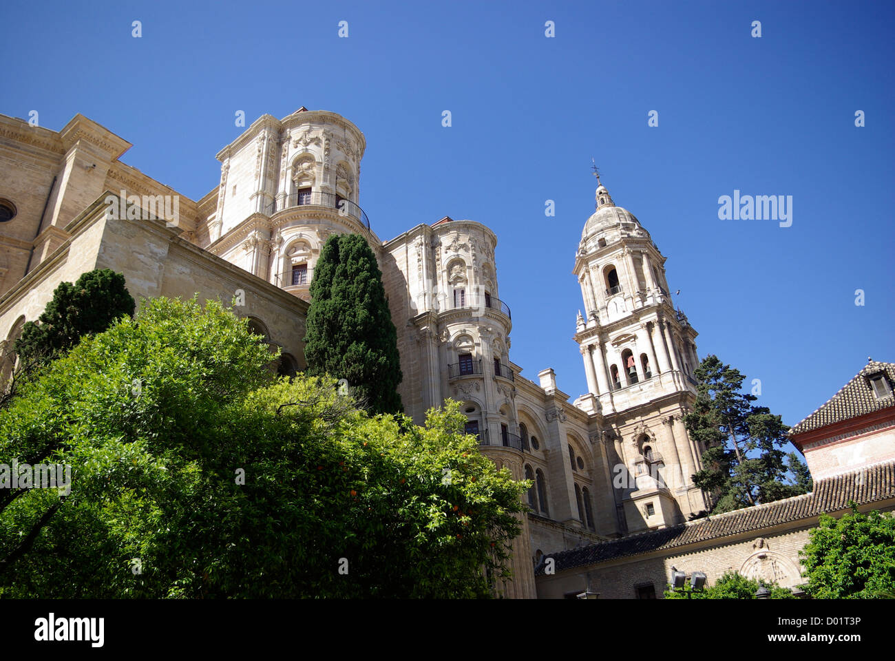 Vista della Cattedrale di Malaga come si vede dalla Calle del Cister, Malaga, Andalusia, Spagna Foto Stock