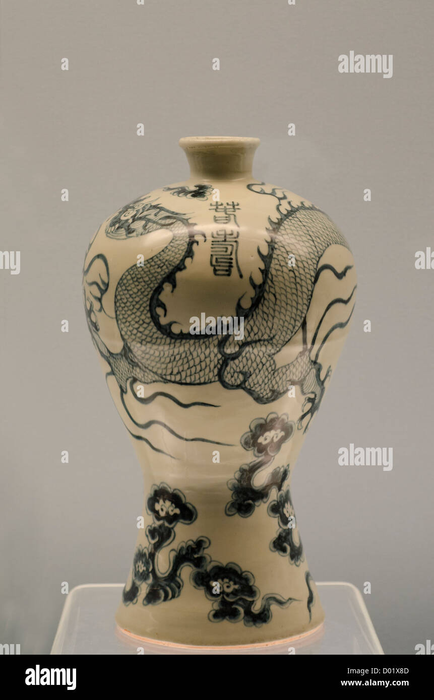Cina, Shanghai, il Museo di Shanghai. Cina antica e raccolta di porcellana. Blue underglazed vaso con Dragon. Foto Stock