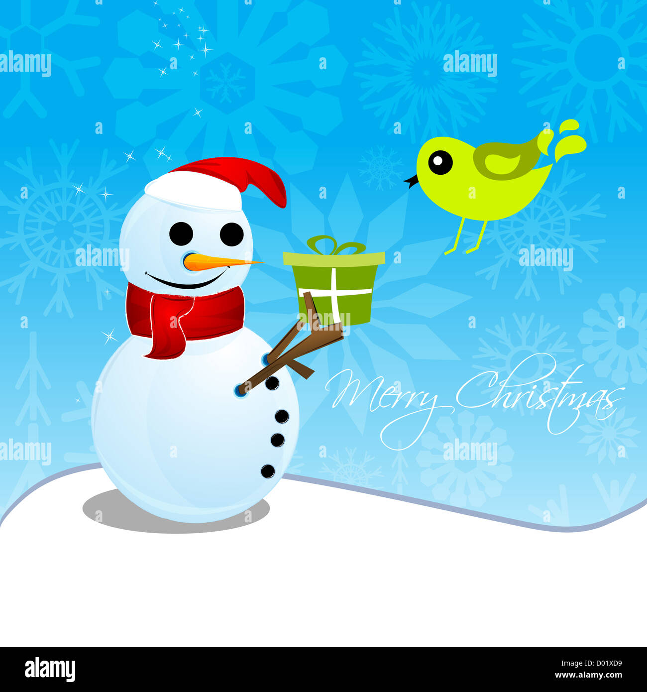 Illustrazione della scheda di natale con pupazzo di neve e uccello Foto Stock