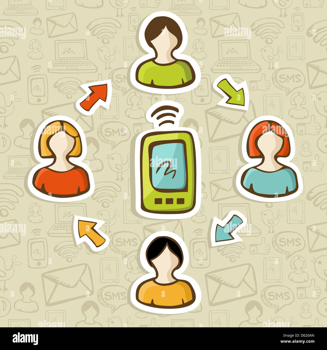 Il social media marketing di rete persone interazione con lo smartphone. Illustrazione Vettoriale stratificata per una facile manipolazione e colorazione personalizzata. Foto Stock