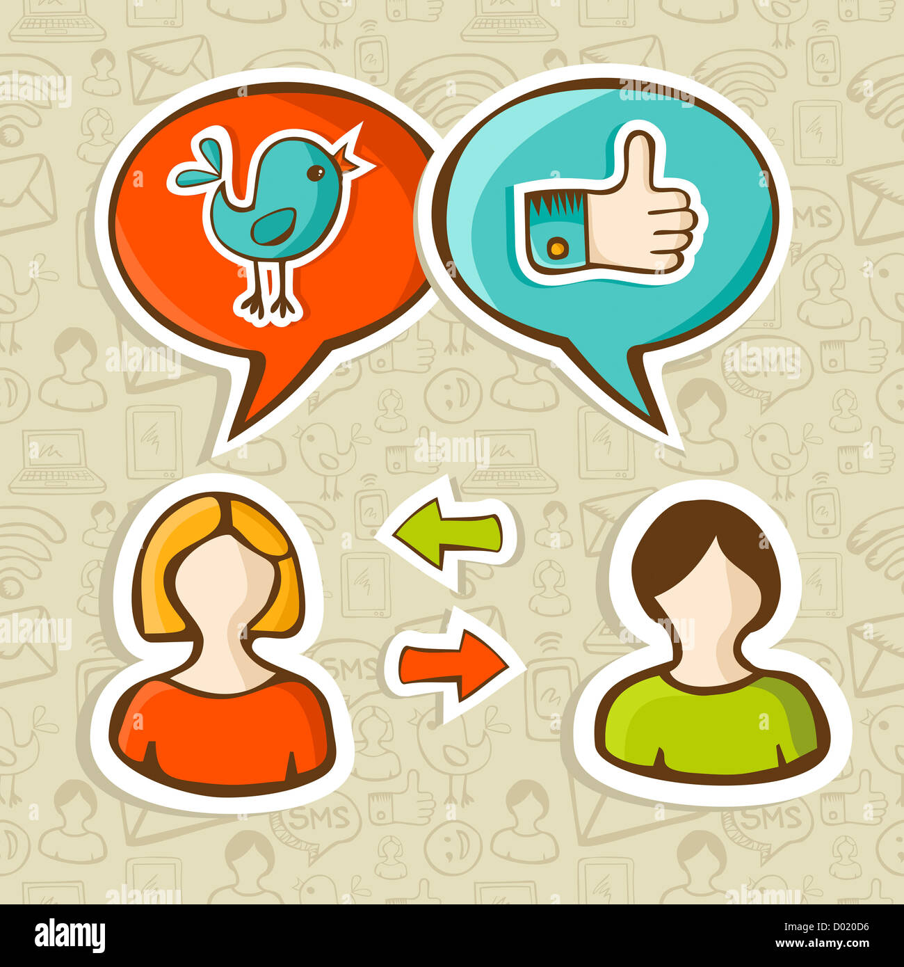 Social media network twitter e facebook come icone nel discorso bolla Connecting people. Illustrazione Vettoriale stratificata per una facile manipolazione e colorazione personalizzata. Foto Stock