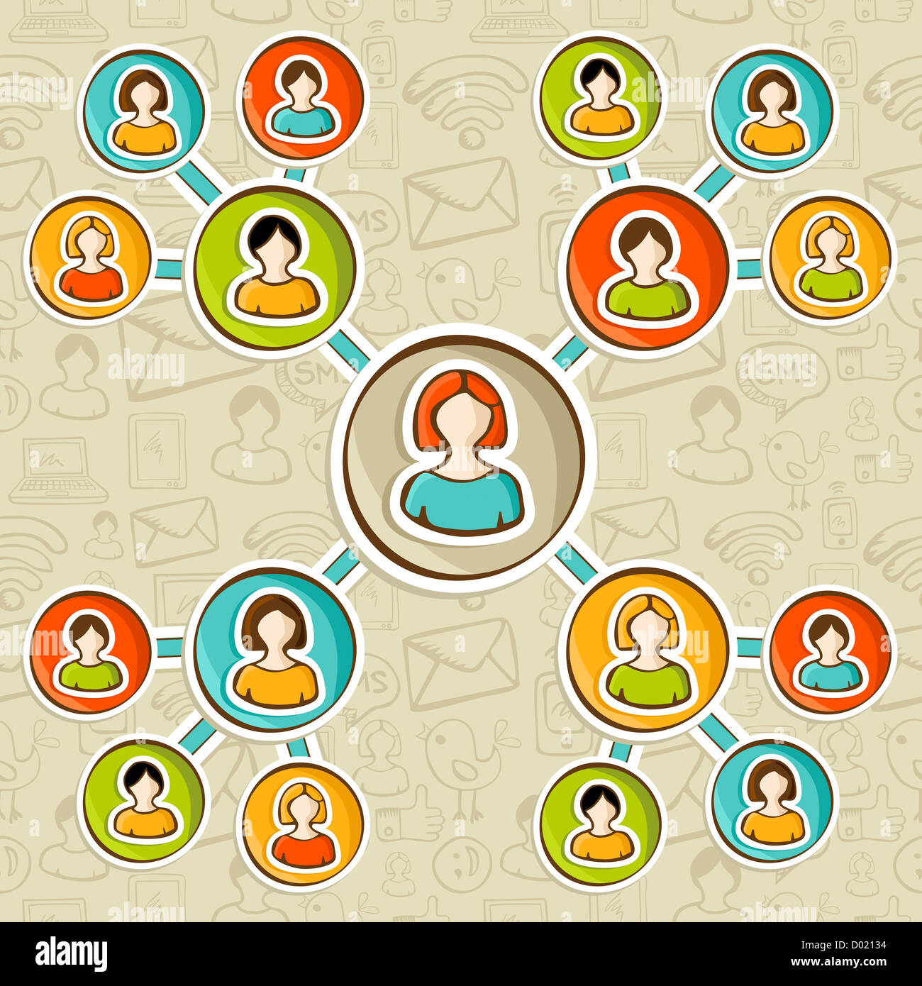Social media network marketing online diagramma di rapporto su schizzo icone pattern. Persone utente collegato ad ogni altro. Illustrazione Vettoriale stratificata per una facile manipolazione e colorazione personalizzata. Foto Stock