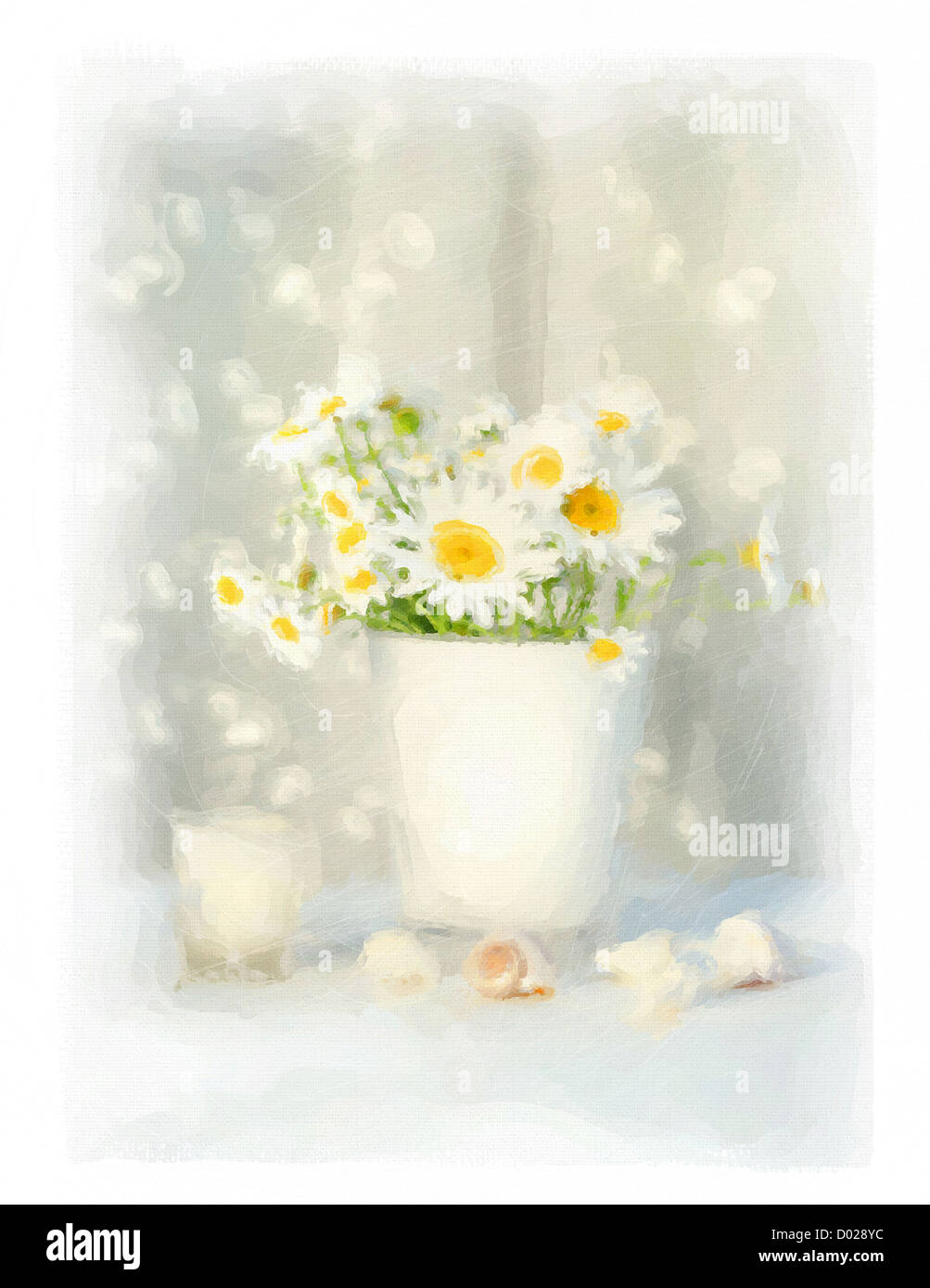 Acquerello digitale di margherite bianco e conchiglie con pizzo bianco Foto Stock