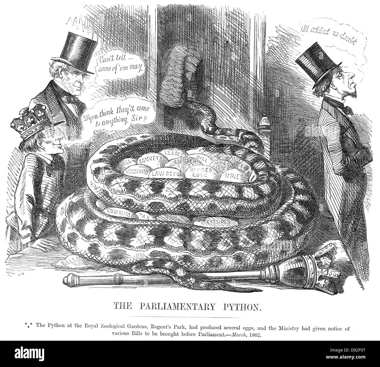 Il parlamentare Python. Cartoon politico circa le varie fatture prima che il Parlamento europeo, marzo 1862. Foto Stock