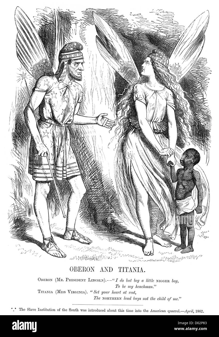 Cartoon politico raffigurante il problema della schiavitù nella guerra civile americana. Con il Presidente Lincoln come Oberon Foto Stock