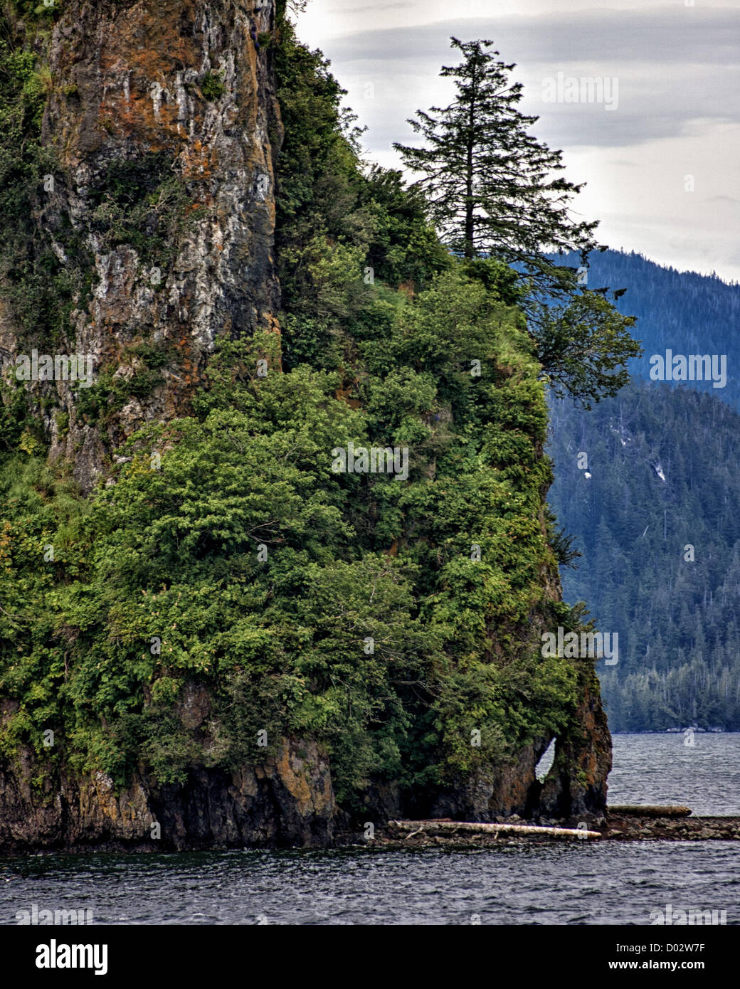 6 luglio 2012 - Gateway Ketchikan Borough, Alaska, USA - Nuovo Eddystone Rock in Misty Fjords Behm Canal è un 237 piedi di altezza del montante di basalto, il resto di un tappo vulcanica creato dalla lava di 5 milioni di anni fa, la sua rotta, texture casuale indica che era parte di un aeratore vulcanica dove il magma rose ripetutamente per la superficie della terra. Oggi la crescita sempreverdi si è affermata sulla base. Misty Fjords National Monument e area selvaggia, lungo il passaggio interno della costa sud-est di Alaska, è gestito dal governo degli STATI UNITI Forest Service e copre 2,294,343Â acri (9,246Â km) di Tongass Nati Foto Stock