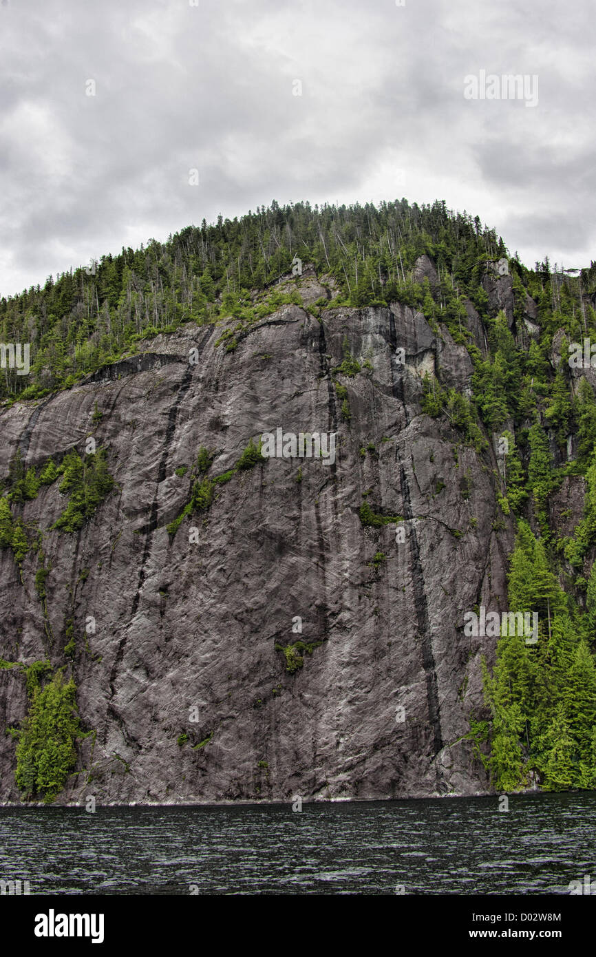 6 luglio 2012 - Gateway Ketchikan Borough, Alaska, USA - scolpita dal ghiacciaio massiccia azione la 50 a 70 milioni di anni di imponenti pareti di granito in Misty Fjords Rudyerd Bay volare alto come 3.000 ft (900m) e sono contro bilanciato da evergreen foreste pluviali. Misty Fjords National Monument e area selvaggia, lungo il passaggio interno della costa sud-est di Alaska, è gestito dal governo degli STATI UNITI Forest Service e copre 2,294,343Â acri (9,246Â km) di Tongass National Forest, il più grande deserto in Alaskan foreste nazionali ed è accessibile solo da idrovolanti o barca. (Credito Immagine: © Arnold Drapki Foto Stock