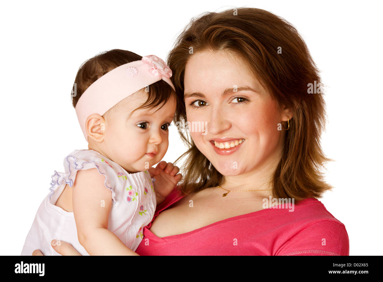 Azienda madre 8 mese Baby girl isolato su bianco Foto Stock