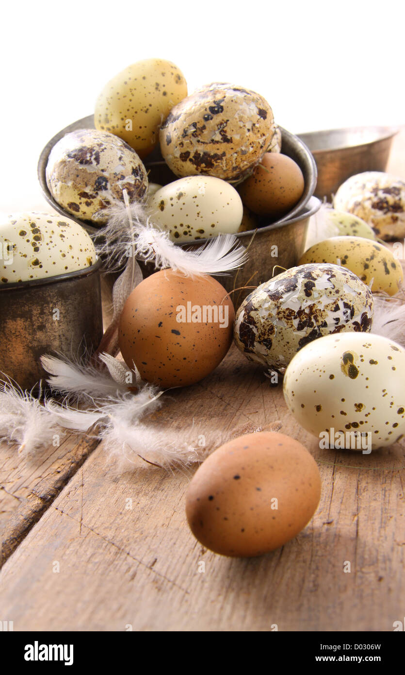 Marrone e bianco screziato uova sul tavolo di legno Foto Stock