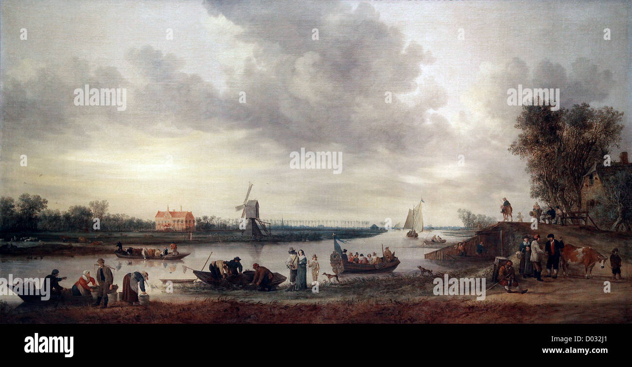Paesaggio con vista di Huys Roucoop (1642) di Jan van Goyen. Un paesaggio tonale del secolo d'oro olandese caratterizzato da una casa padronale e da un suggestivo cielo nuvoloso. Foto Stock