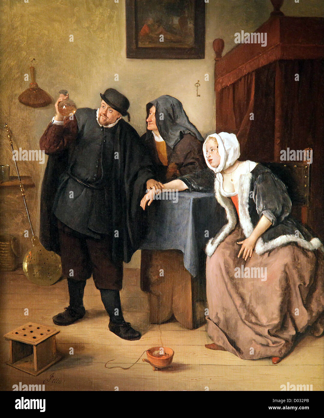 The Quack (1663-1665) di Jan Steen. Un divertente dipinto olandese del secolo d'oro che raffigura un carneficina itinerante che vende medicinali falsi a una folla. Foto Stock