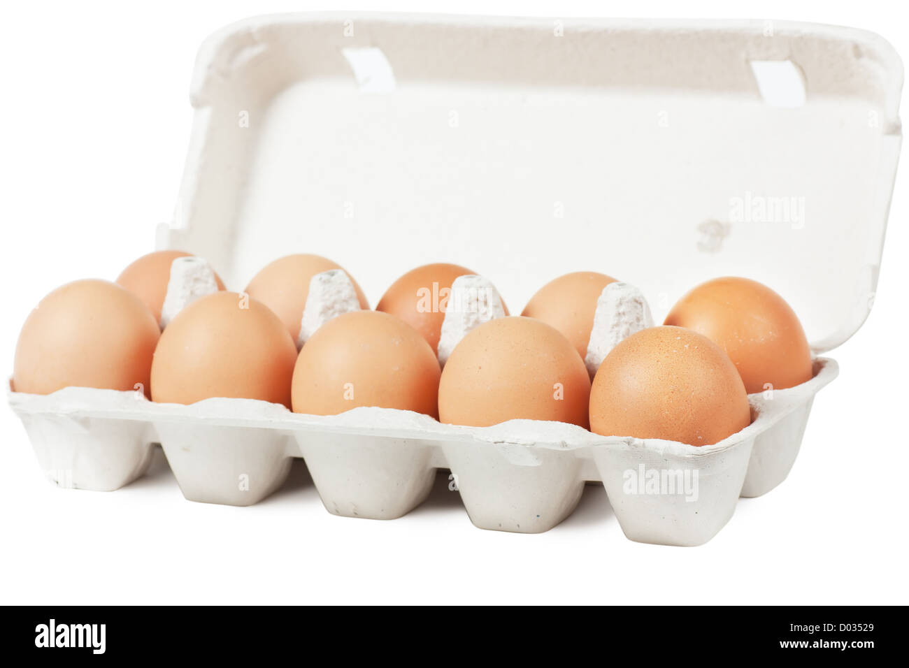 Le uova bianche in cartone. Nutriente mangiare. Foto Stock