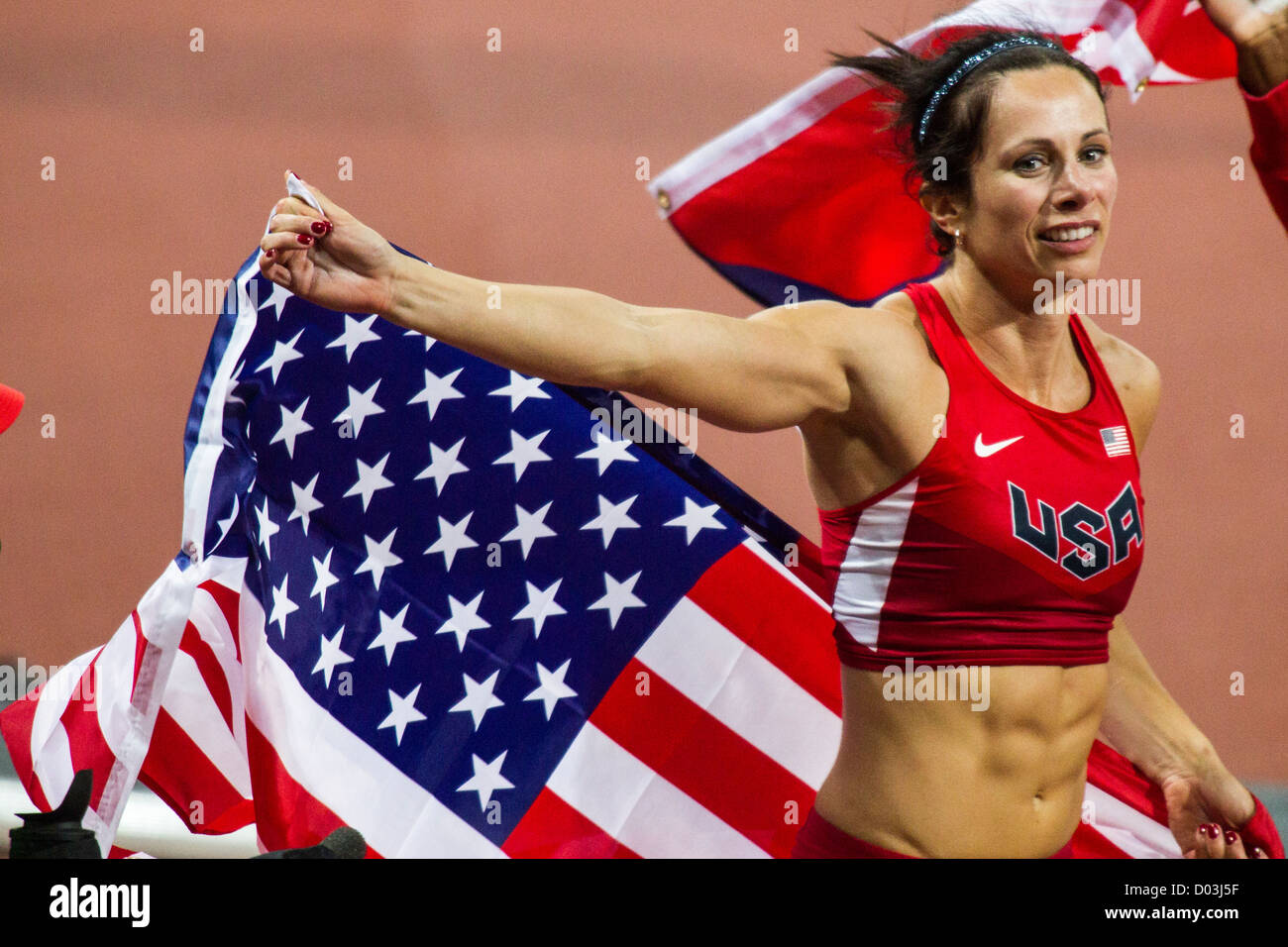 Jennifer Suhr (USA) medaglia d'oro nel femminile Pole Vault presso le Olimpiadi estive di Londra, 2012 Foto Stock