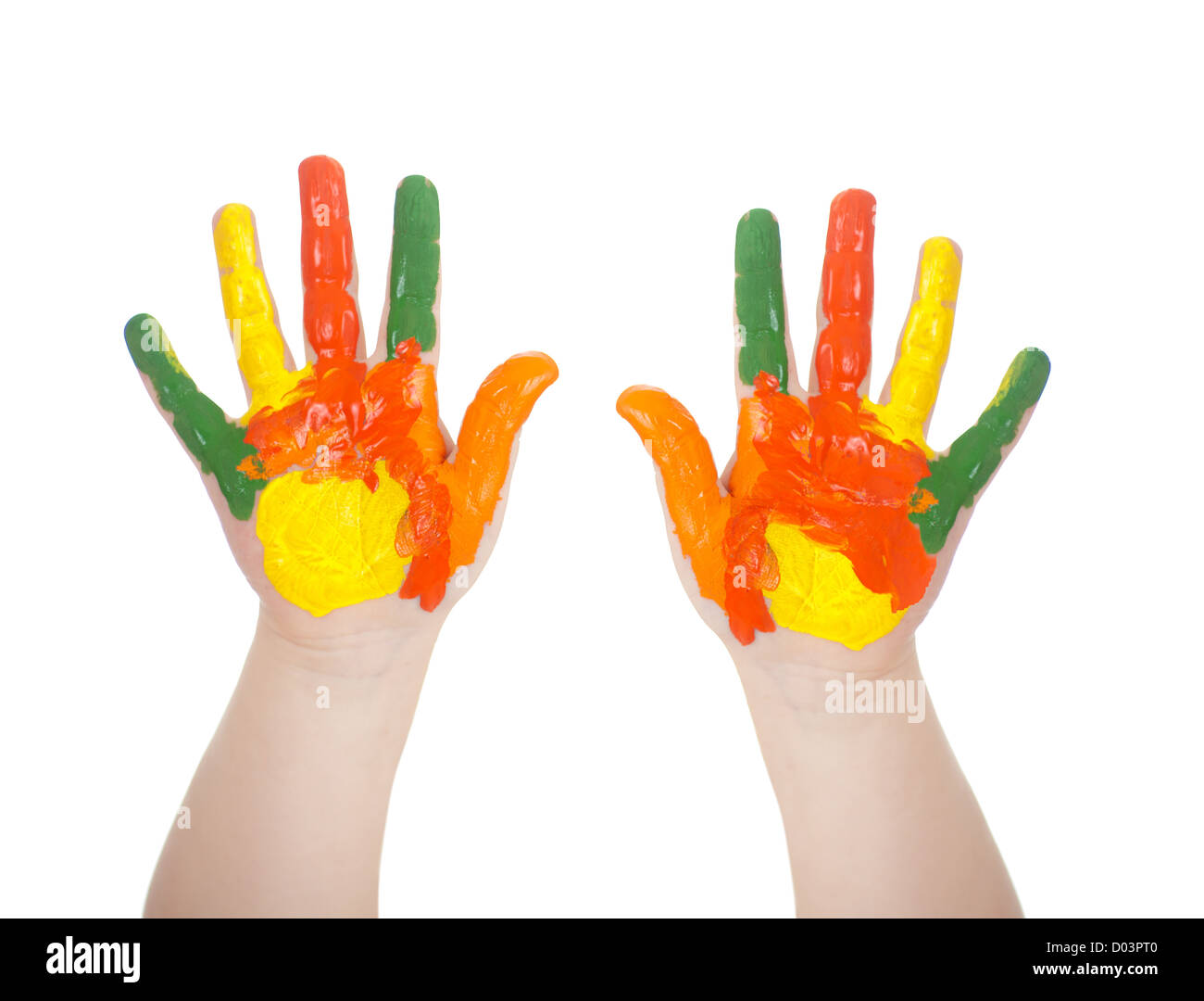 Il Kid's mani dipinte in colori luminosi isolato su bianco Foto Stock