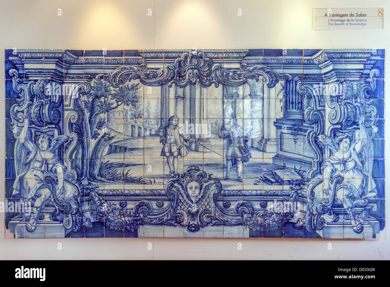 La Fontaine favole - Il vantaggio della conoscenza - XVIII c. Portoghese piastrelle blu. Sao Vicente de Fora monastero. Lisbona, Portogallo Foto Stock