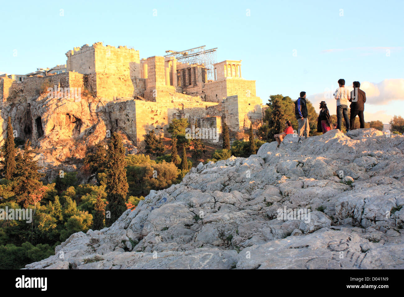 L'Areios Pagos (Rock di Ares), vista del Partenone Acropoli di Atene Foto Stock