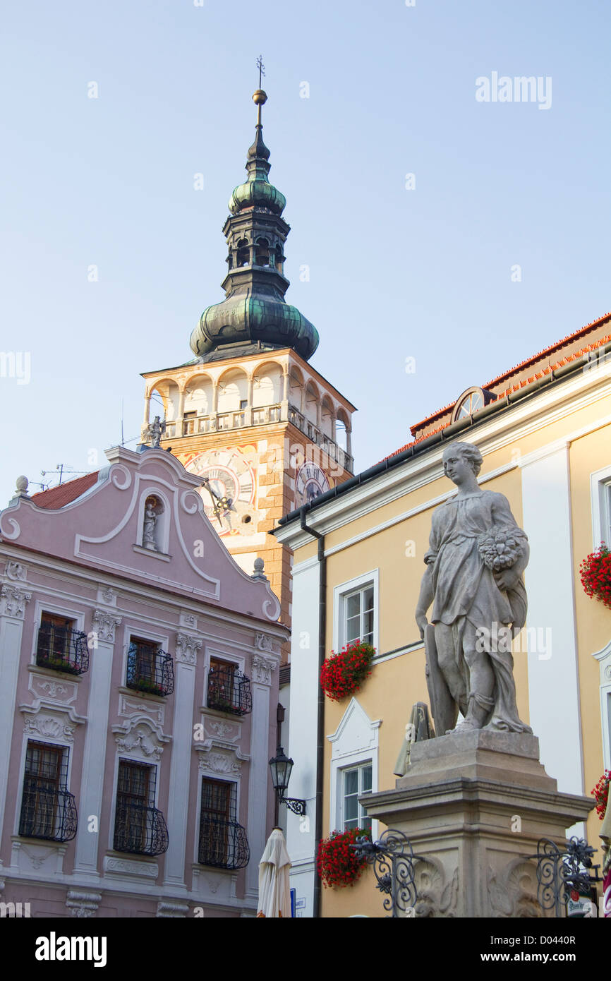 La piazza centrale in Mikulov, Moravia del Sud, Repubblica Ceca Foto Stock