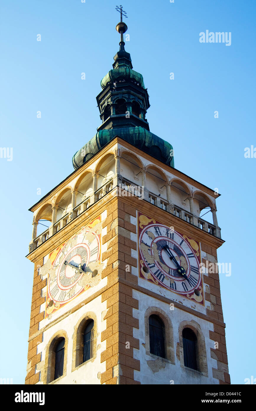 Il campanile della chiesa, Mikulov, Moravia del Sud, Repubblica Ceca Foto Stock