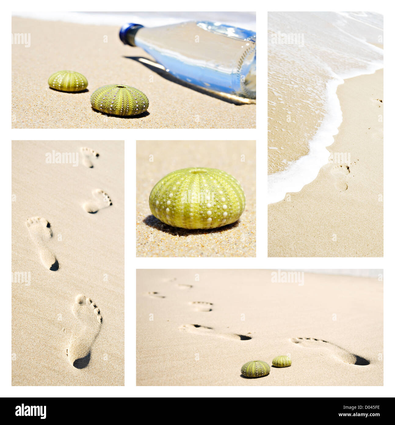 Collage di spiaggia scene con impronte e ricci di mare conchiglie Foto Stock