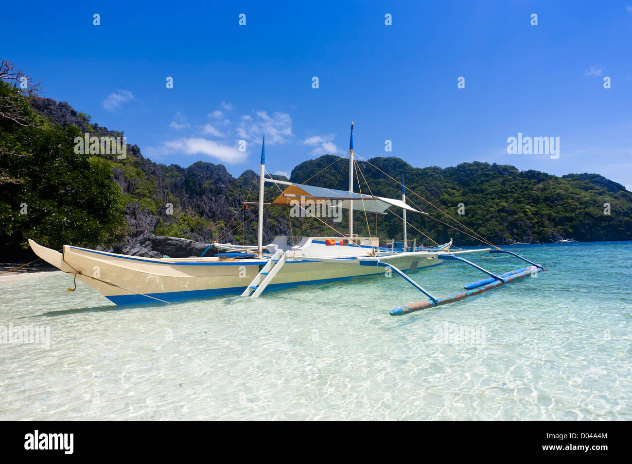 Una banca imbarcazione attraccata al Tropical Beach, El Nido, PALAWAN FILIPPINE Foto Stock