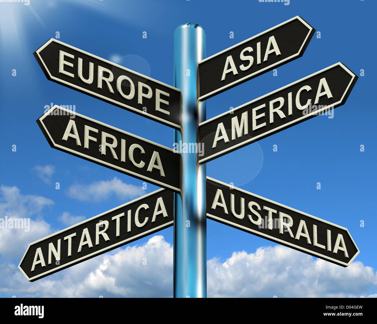 Europa Asia Africa America Antartide Australia Signpost mostra continenti per i viaggi o per il Turismo Foto Stock