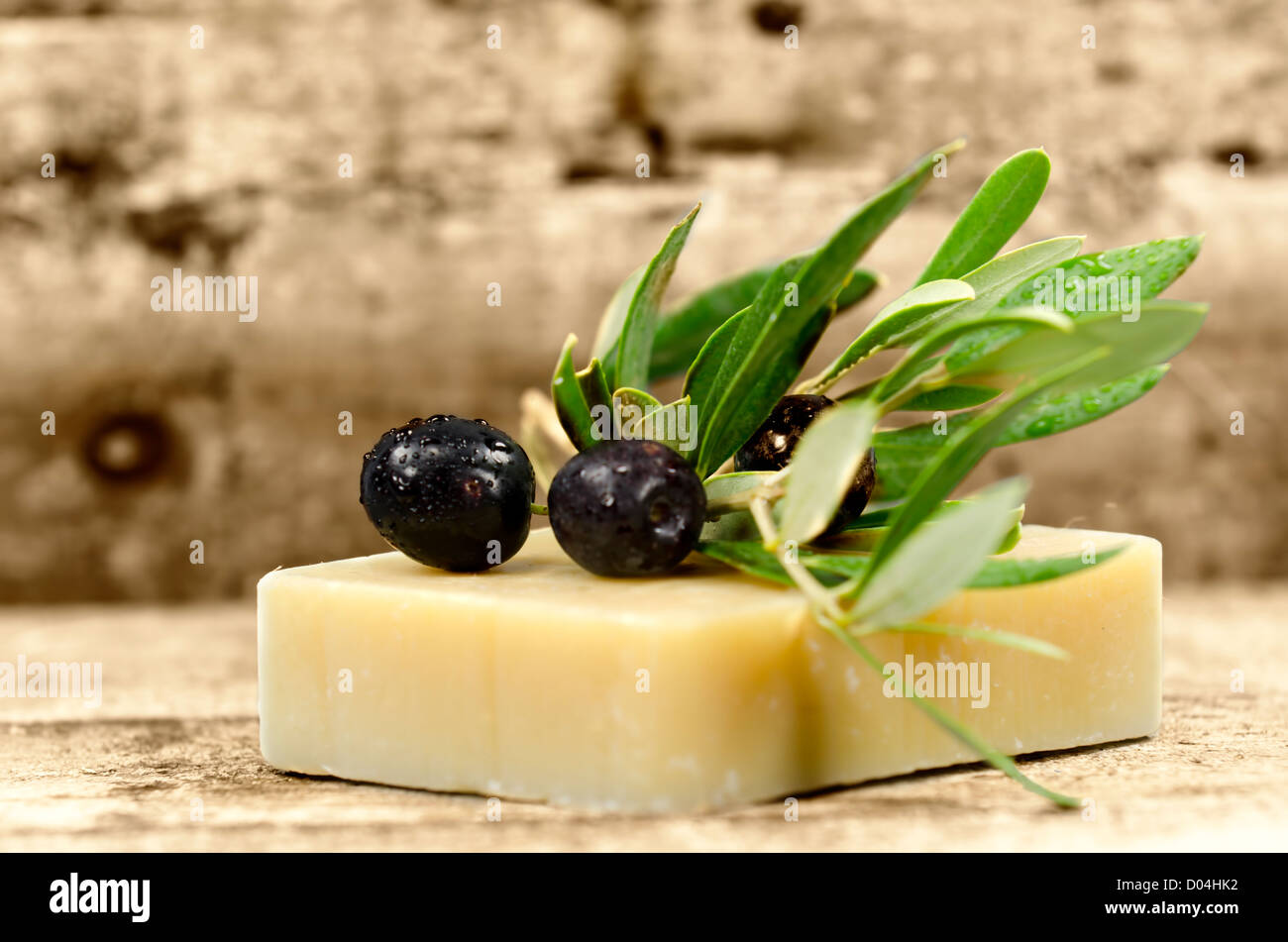 Un pezzo di sapone con un ramo di olivo Foto Stock