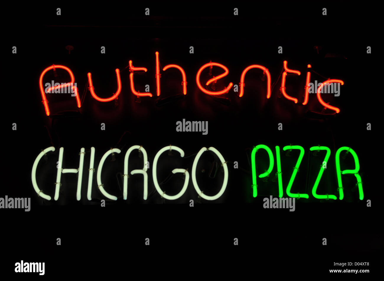 Chicago Pizza rosso neon bianco Segno verde Foto Stock