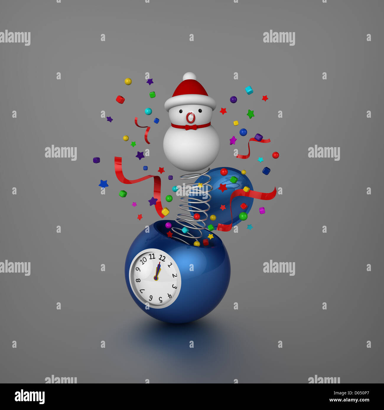 Modello 3D di pupazzo di neve e la decorazione rimbalzato fuori dalla sfera sveglia a mezzanotte per annunciato ' Buon Natale e Anno Nuovo' Foto Stock