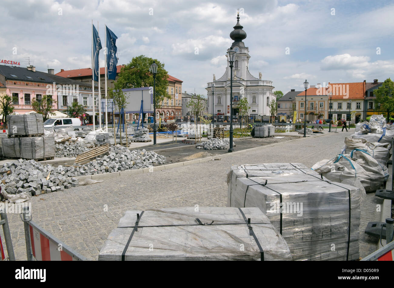 Ristrutturazione completa di Giovanni Paolo II Square a Wadowice in Polonia. Foto Stock