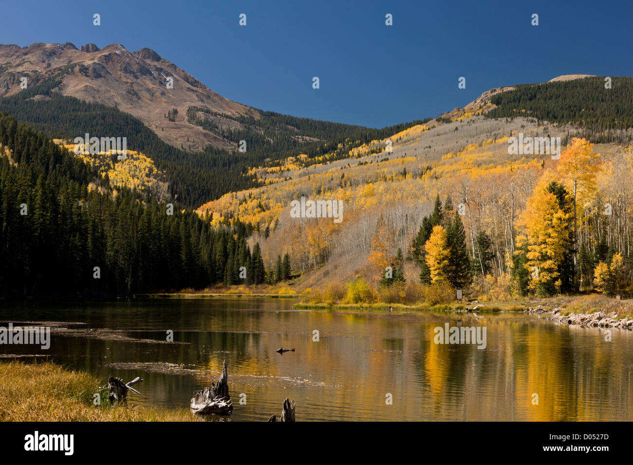 Lago di boschi in autunno e in San Juan Mountains, Colorado, STATI UNITI D'AMERICA Foto Stock