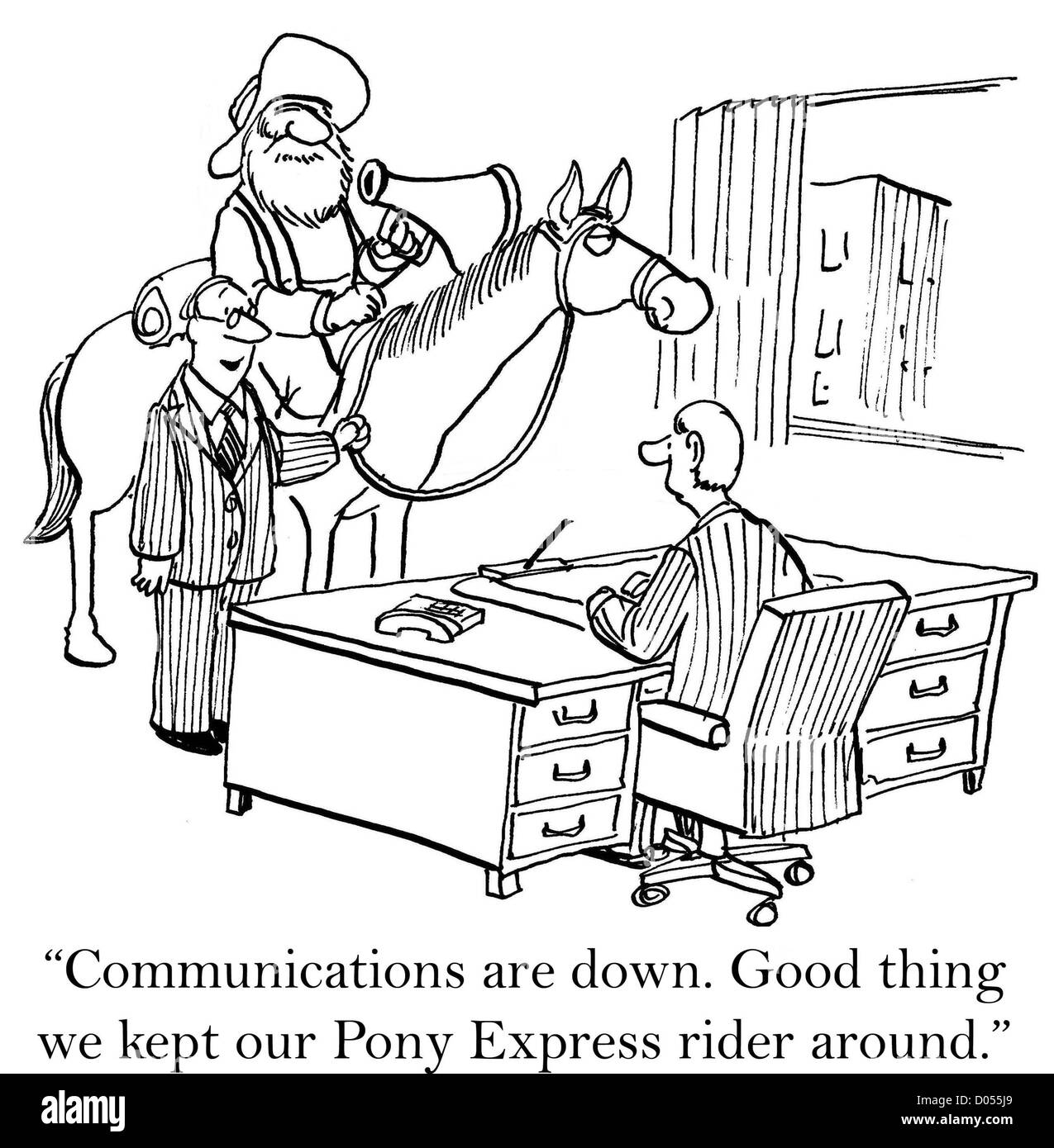 'Le comunicazioni sono giù. Buona cosa che abbiamo mantenuto il nostro Pony Express rider intorno all'. Foto Stock