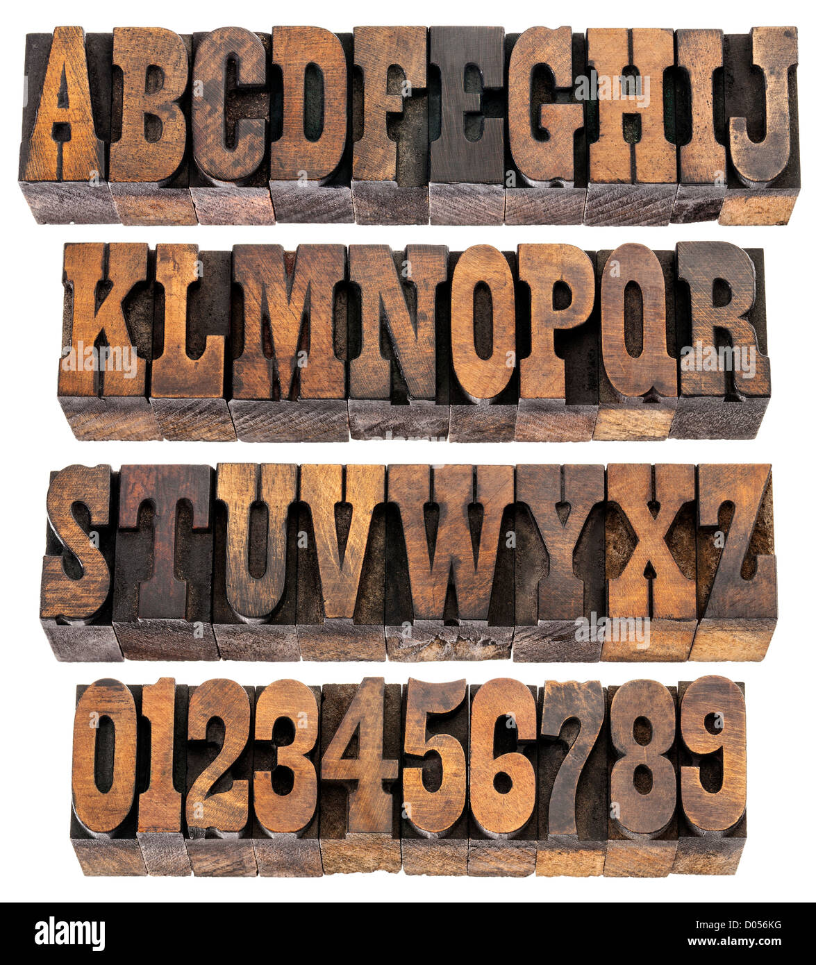 Le righe isolate di lettere e numeri in rilievografia vintage tipo legno  blocchi, Francese Clarendon font Foto stock - Alamy