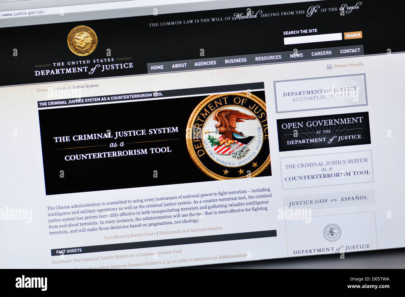 Il Dipartimento di Giustizia degli Stati Uniti sito web Foto Stock