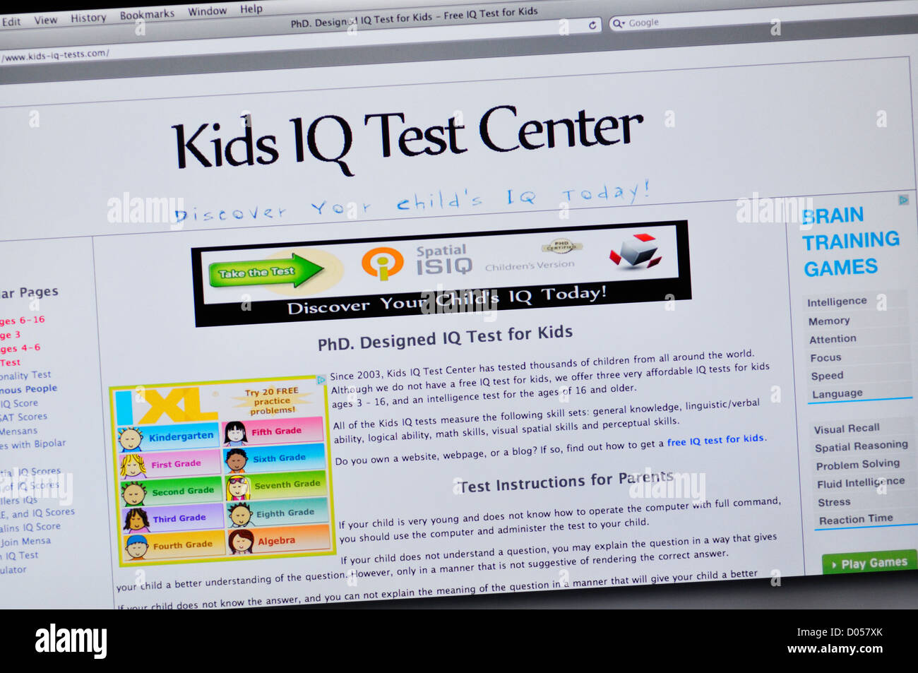 Kids IQ Test Center sito web Foto Stock