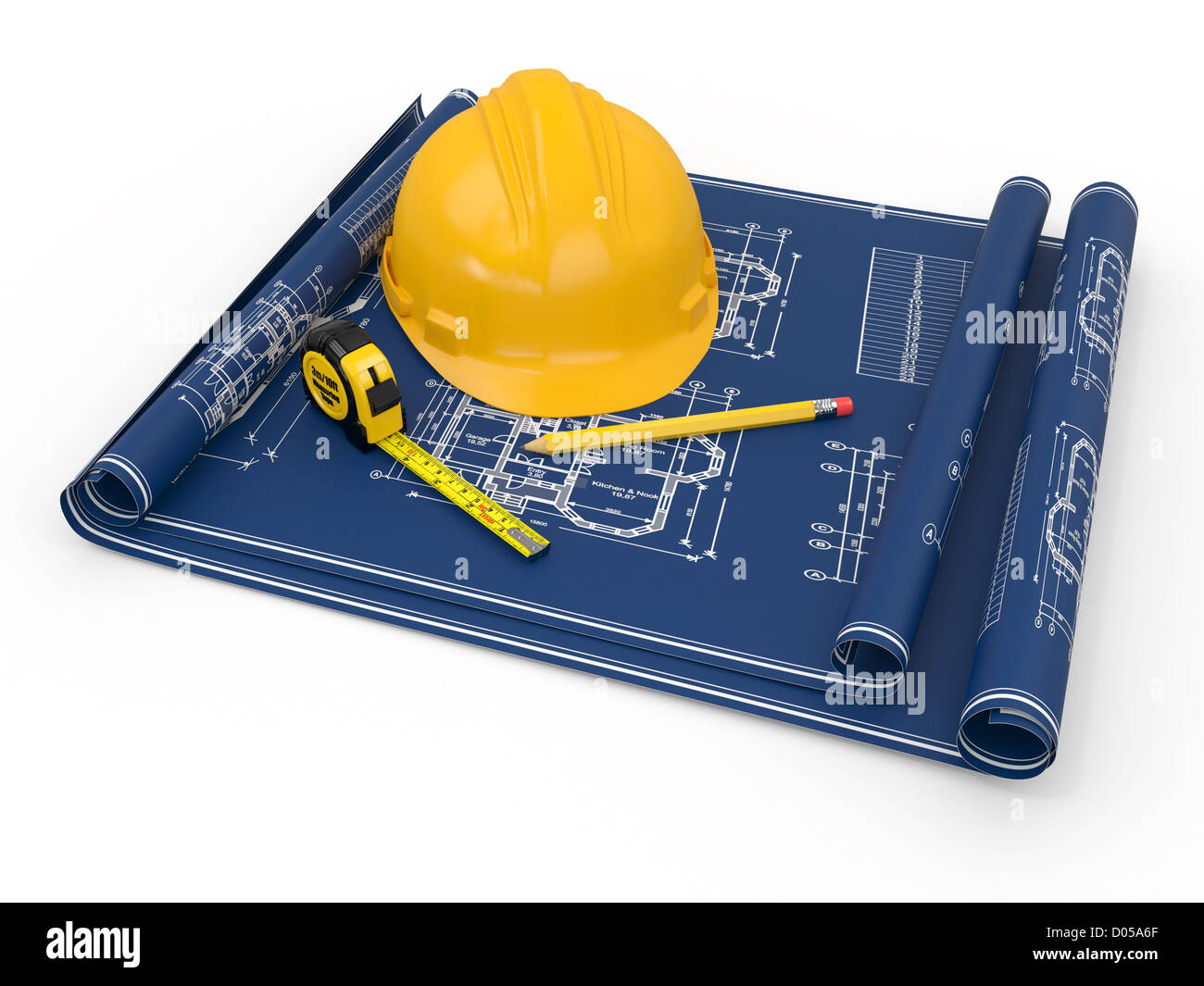 Il concetto di costruzione. Hardhat, Cianografia e righelli. 3d Foto Stock
