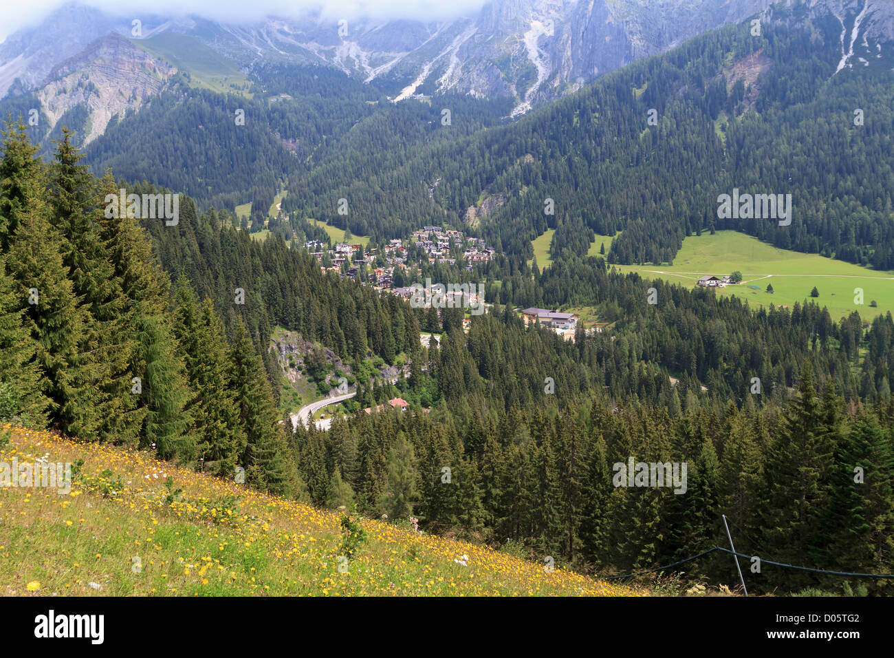 Vista di estate di San Martino di Castrozza e Primiero, Trentino, Italia Foto Stock