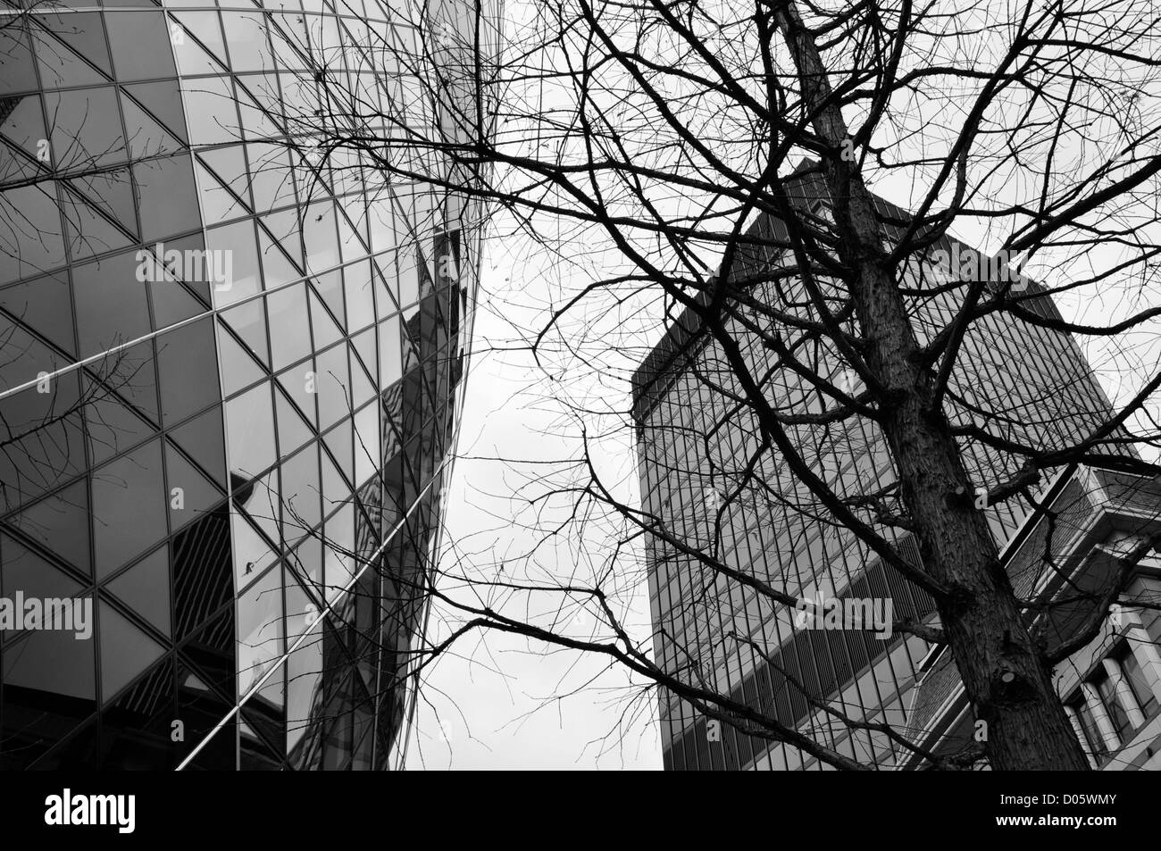 Close-up di Londra il Gherkin edificio con un secondo edificio per uffici Foto Stock