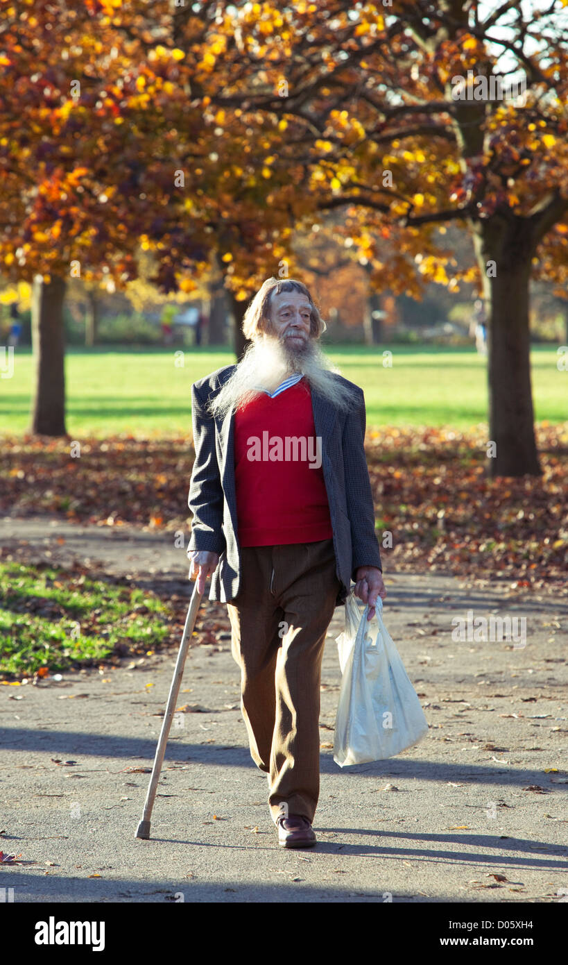 Ritratto di un uomo anziano con barba lunga e bianca, passeggiando con una canna da passeggio, Regent's Park, Londra, Inghilterra, Regno Unito. Foto Stock
