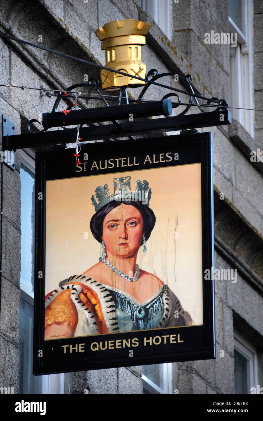 Hotel pub segno, il Queens Hotel, St Ives, Cornwall, Regno Unito Foto Stock