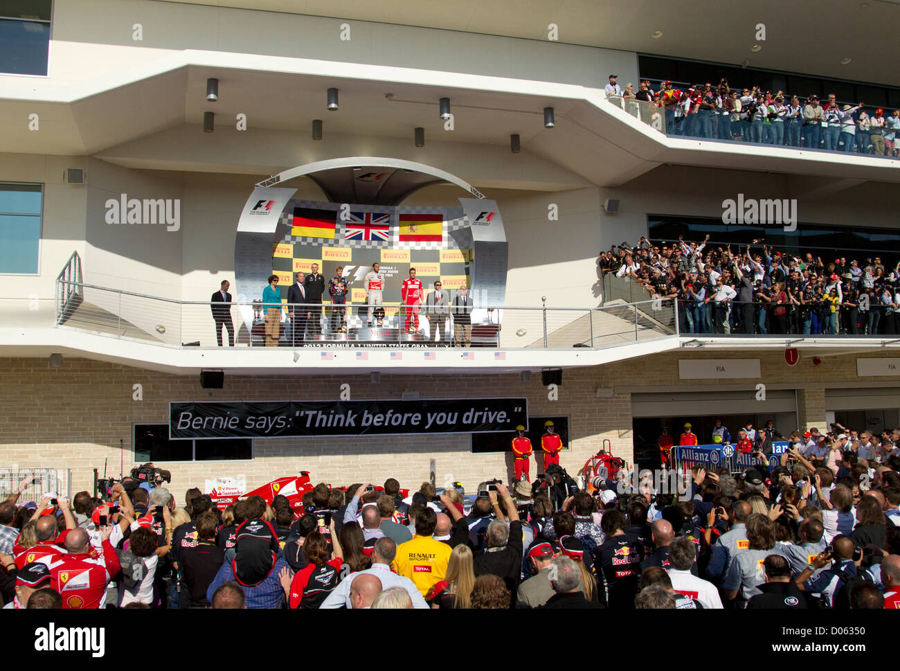 Unità di finitura superiore sui premi stand presso il circuito delle Americhe durante il periodo della Formula 1 Gran Premio degli Stati Uniti di Austin, Texas. Foto Stock