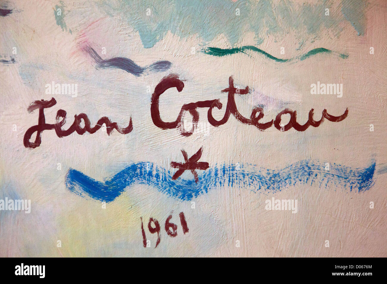 JEAN COCTEAU LA FIRMA SUL DIPINTO NELLA SALA DEL SAINT JEAN CAP FERRAT MUNICIPIO ALPES-MARITIMES (06) FRANCIA Foto Stock